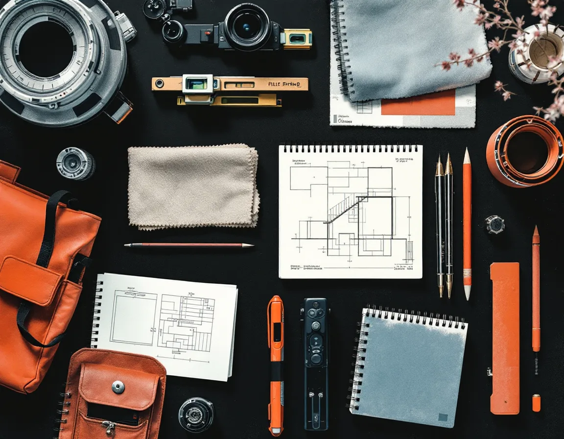 Architectural photography kit laid out — tilt-shift lens, tripod head and a hand-drawn light plan