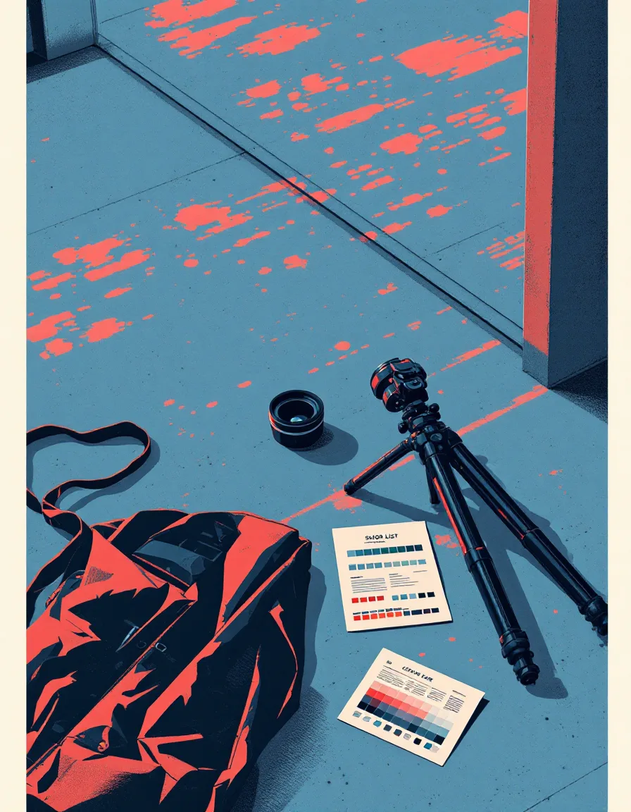 Illustration of a photographer's tripod, tilt-shift lens and printed shot list laid out before a shoot