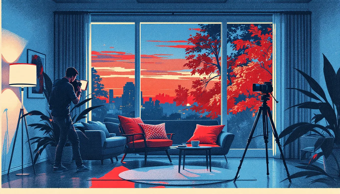 Photographer composing a twilight interior shot on a tripod